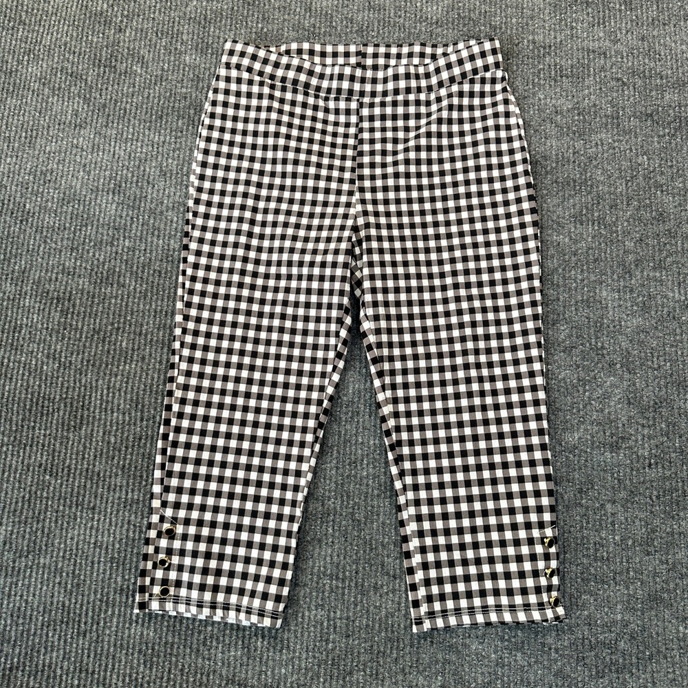Espresso Women Gingham Cropped Pants PL Black White Button Detail Stretch